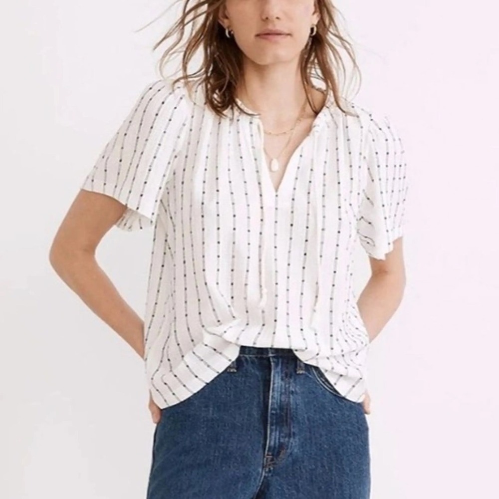 Madewell White Dotted Stripe‎ Tie Neck Flutter Sleeve Blouse Top XS ñ